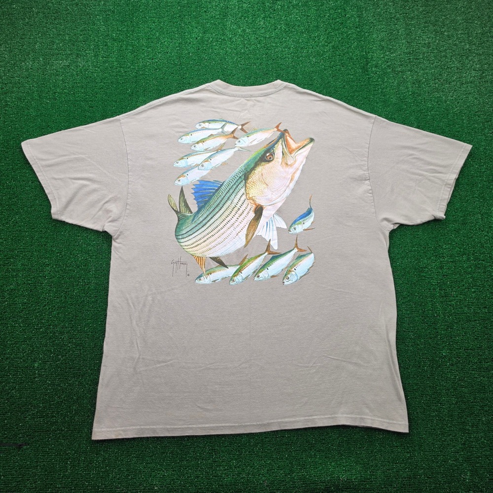 Guy Harvey Tshirt Mens XL Gray Bass Hunting Baitfish Graphic Pocket Tee
